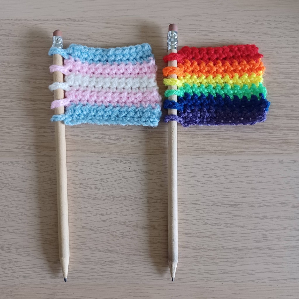 Two crochet pride flags. One is pink, blue and white representing the trans flag. The other is rainbow striped representing the gay pride flag.